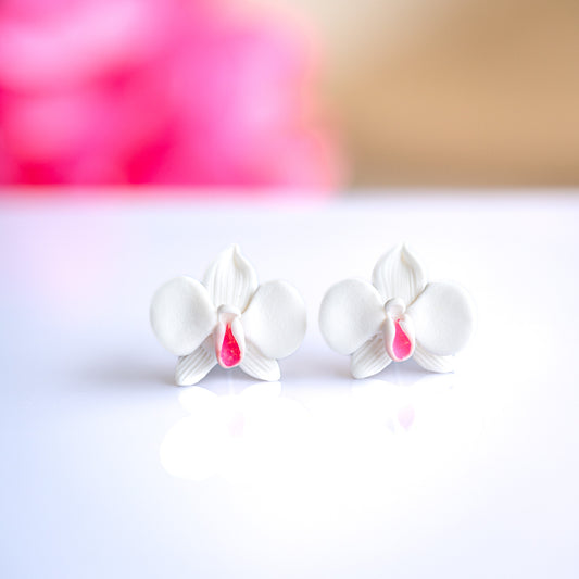 White Orchids Earrings with Pink Center• Modern earrings • Gold filled earrings • Sterling Silver earrings • Summer 2023
