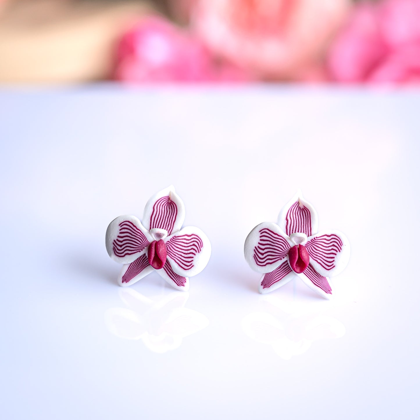 White Orchids with purple Strips Earrings • Modern earrings • Gold filled earrings • Sterling Silver earrings • Summer 2023
